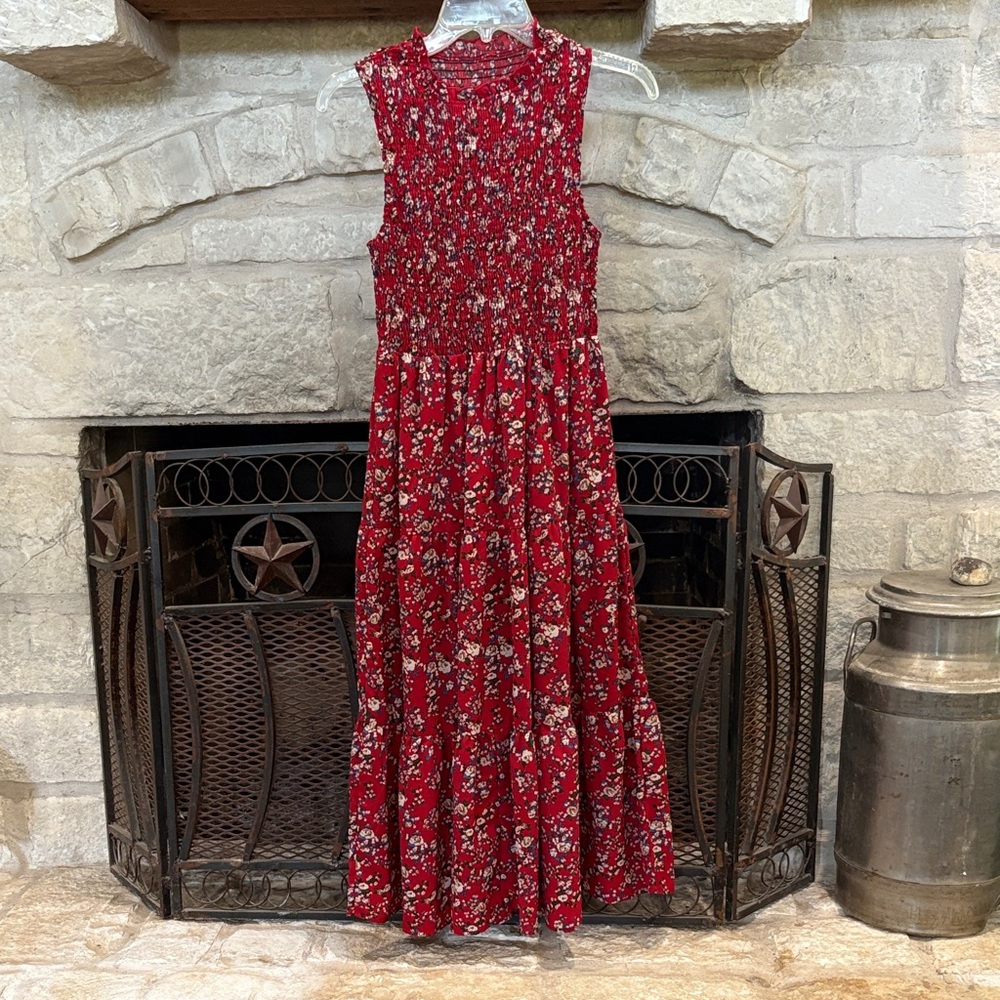 Floral Red smocked front Sleeveless Dress